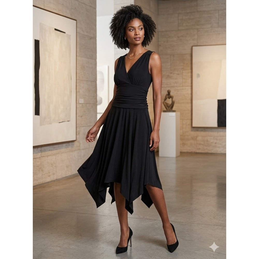 NOS Dressbarn Black V-Neck Ruched Midi Dress sz 8 Assymetric Hem Travel Knit